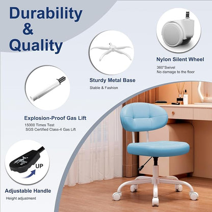 Misolant Vanity Chair with Back, Small Armless Cute Office Chair with Wheels and Lumbar Support, Comfy PU Leather Desk Computer Chairs with Adjustable Height, 360°Swivel for Home Bedroom Office, Blue