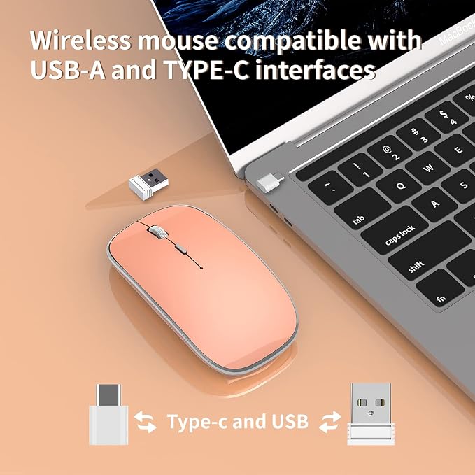 Halpilt Wireless Mouse Chargeable Portable Silent USB-A and USB-C Dual Mode Wireless Mouse 3 Adjustable DPI for Laptop, Mac, Android, PC (Q23S Orange)