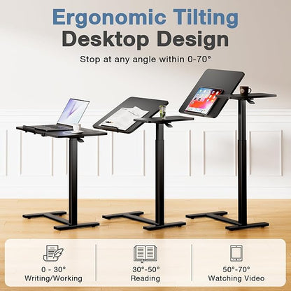 Small Standing Desk Rolling Table Adjustable Height, Laptop Mobile Stand with Wheels, Portable Computer Workstation with Tiltable Desktop for Teacher Classroom Home Office, Black