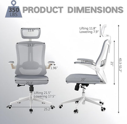 Ergonomic Office Chair - 350LB Comfy Desk Chairs with Adjustable Headrest and Lumbar Back Support, Mesh Computer Chairs with Wheels and Arms for Home Office, Study (Gray-with Headrest)