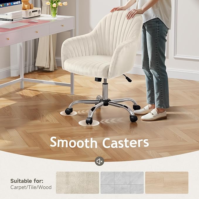 Warmiehomy Velvet Desk Chair for Home Office, Modern Adjustable Swivel Task Chair, Women Vanity Chairs with Arm Rest for Bedroom Dressing Room, Cozy Beige