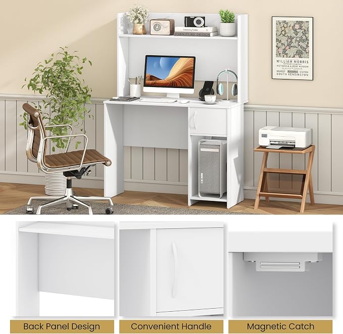 Giantex White Desk with Hutch, Small Computer Desk with Bookshelf & Adjustable Shelf, 2 Cable Holes, Modern Laptop PC Computer Workstation, Study Writing Desk for Small Spaces, Bedroom, Home Office
