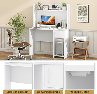 Giantex White Desk with Hutch, Small Computer Desk with Bookshelf & Adjustable Shelf, 2 Cable Holes, Modern Laptop PC Computer Workstation, Study Writing Desk for Small Spaces, Bedroom, Home Office