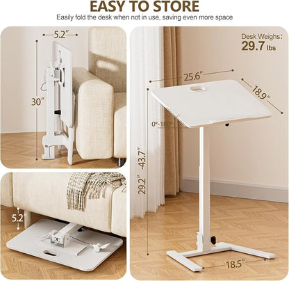 25 Inch Mobile Foldable Standing Desk, 180 Tiltable Portable Rolling Laptop Table, Height Adjustable Sit-Stand Desk with Wheels, No Assembly Computer Workstation for Home Office, White