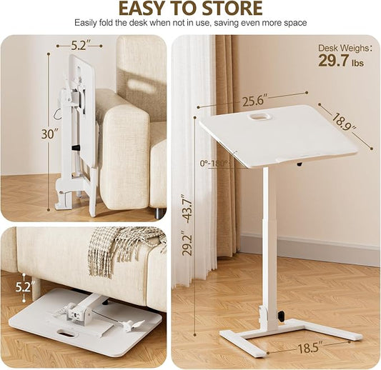 25 Inch Mobile Foldable Standing Desk, 180 Tiltable Portable Rolling Laptop Table, Height Adjustable Sit-Stand Desk with Wheels, No Assembly Computer Workstation for Home Office, White