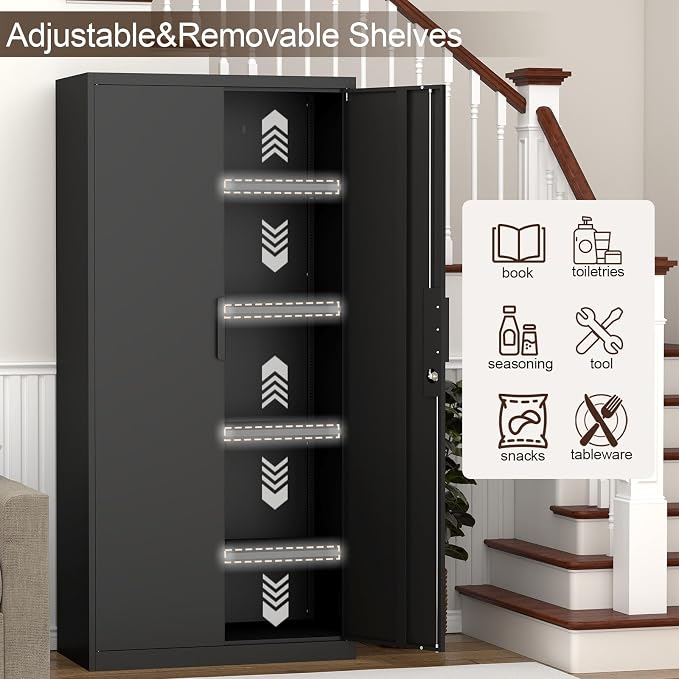GREATMEET Metal Garage Storage Cabinets, 72" Tall Locking Cabinets with Doors and Shelves, Utility Cabinet with Lock for Garage, Home, Black