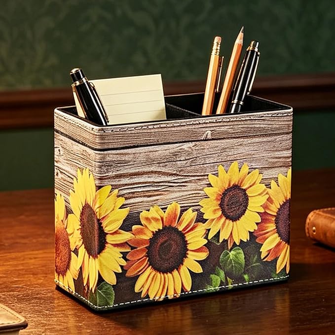 Pen Holder, Rectangle Vintage Pencil Holder with 2 Compartments, PU Leather Art Remote Control Holder Organizer Storage for Desk Accessory (Sunflower)