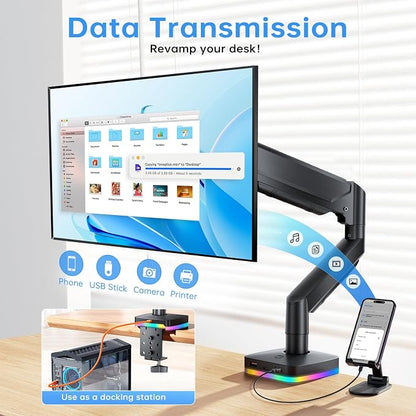 RGB Single Monitor Stand, Gas Spring Monitor Arm with 3 USB Ports, Charging and USB Data Transfer Function, Desk Mount for 13"-32" Monitors up to 19.8lbs, Adjustable Height, Tilt, Swivel, Rotate