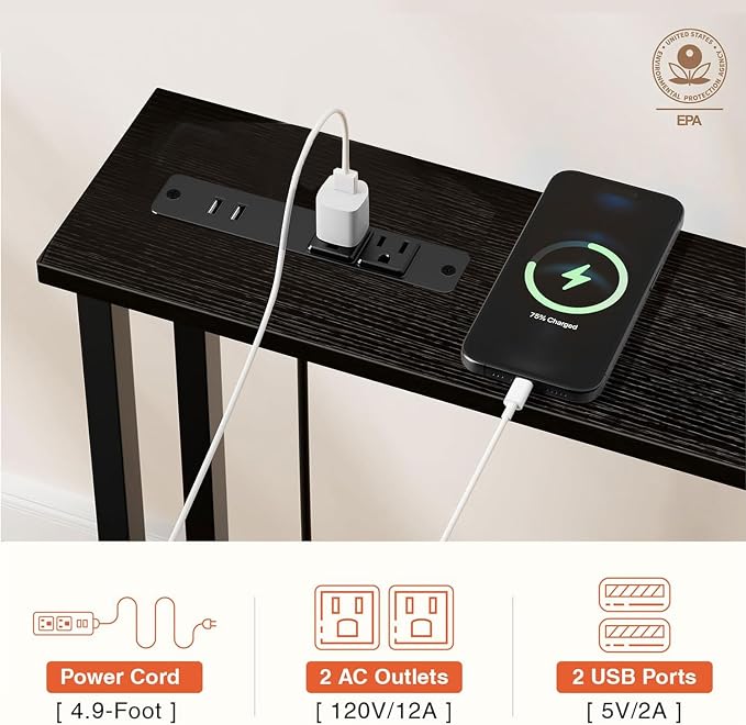 Keelian 63" Sofa Table Narrow Long - 2 Power Outlets & 4 USB Ports, Metal Frame,Behind Couch Table Behind Sofa for Living Room, Hallway, Entrance- Easy Assembly, 4.9' Extension Cord Included.