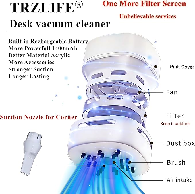 TRZLIFE Desk Vacuum Cleaner, Office & Home Desktop Cleaner, Ideal Gift Pink | Type-C cordless mini vacuum, strong suction for office desks & home countertops. Sleek office-home accessory for holiday gift
