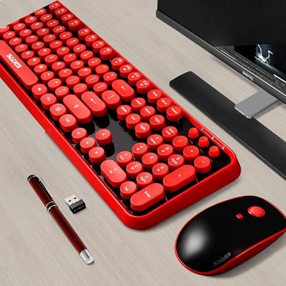 Wireless Keyboard Mouse Combo, 2.4GHz Wireless Typewriter Keyboard with 104 Cute Retro Round Keys, Letton Full Size Keyboard and Mouse with 3 DPI for Computer Mac PC Laptop-Black/Red