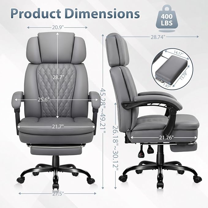 PRETZI Executive Office Chair 400LBS, Ergonomic Office Chair with Foot Rest, Heavy Duty Desk Chair for Home Office, Reclining High Back PU Leather Computer Chair Comfy, Gray