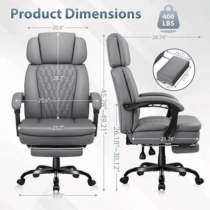 PRETZI Executive Office Chair 400LBS, Ergonomic Office Chair with Foot Rest, Heavy Duty Desk Chair for Home Office, Reclining High Back PU Leather Computer Chair Comfy, Gray
