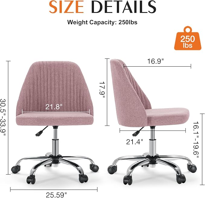 Sweetcrispy Armless Vanity Chair, Cute Comfy Home Office Desk Chair with Wheels, Modern Upholstered Task Computer Seat for Bedroom, Study, Makeup Vanity, Height Adjustable & Swivel Fit, Pink