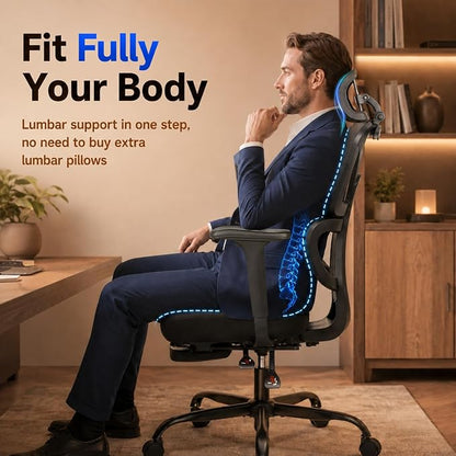 Ergonomic Office Chair with Footrest - High Mesh Back Computer Desk Chair | with Back Support, 135° Reclining, 4D Armrest & Headrest, 400lbs Thickened Seat Cushion, for Home Office, Work & Gaming