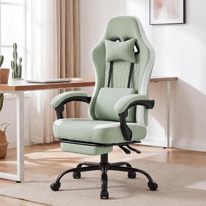 Computer Gaming Chair - High Back Ergonomic Desk Chair with Footrest and Lumbar Support, Height Adjustable Task Chair with Linkage Armrests and Headrest, 360° Swivel Wheels, Green