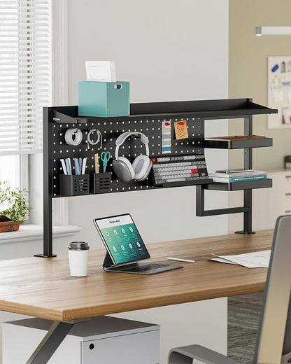 PEGZONE Clamp on Desk Shelf, 44" Desktop Shelving System, Black | with Pegboard and Accessories, Desktop Organizer with 2-Tier Shelf, Desk Pegboard for Office Home Gaming