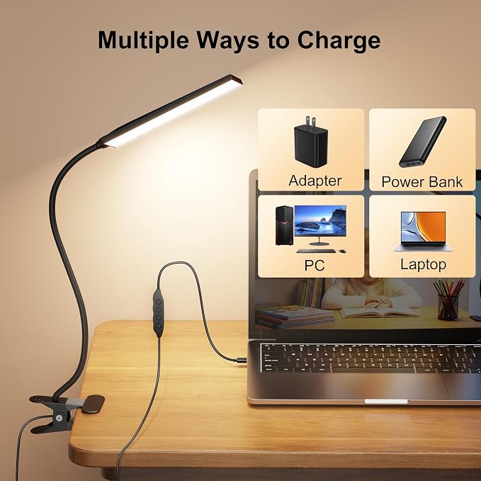 Vansuny Clip on Light LED Desk Lamp with Eye-Caring LED Light and Metal Clip, 6 Level Brightness 3 Color Modes, Power by USB Port 5W Adjustable Neck Reading Lamp for Home and Office (5W, Black)
