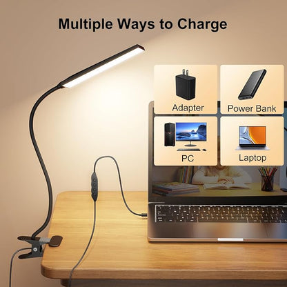 Vansuny Clip on Light LED Desk Lamp with Eye-Caring LED Light and Metal Clip, 6 Level Brightness 3 Color Modes, Power by USB Port 5W Adjustable Neck Reading Lamp for Home and Office (5W, Black)