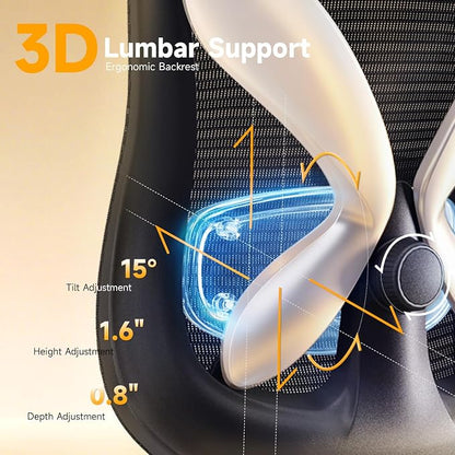 amseatec Ergonomic Mesh Office Chair with 5D Flip-Up Arms & 3D Lumbar Support, 2D Headrest, 4-Position Recline Lock, High Back Desk Chair 350lbs, Breathable Computer Chair for Home Office-Black
