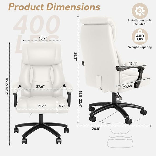 Ollega Big and Tall Reclining Executive Office Chair, 400lbs Leather, White | Breathable waterproof desk chair for home office; 92°-138° recline for back pain relief; wide seat for cross-legged sitting