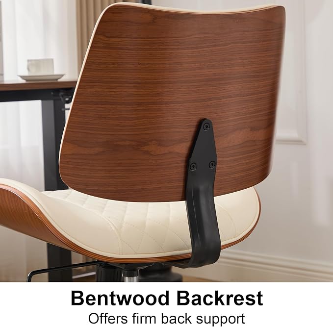 Armless Office Chair with Wheels, Ergonomic Leather Chair, Mid Back 360 Swivel Computer Chair, Modern Walnut Desk Chair for Small Space, Reading, Meeting Room, Beige