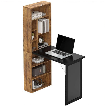 Folding Writing Desk with Storage Shelves, Fold Out Convertible Wall Mounted Table with Blackboard, Foldable Computer Murphy Desk for Small Spaces,Home Office (Natural)