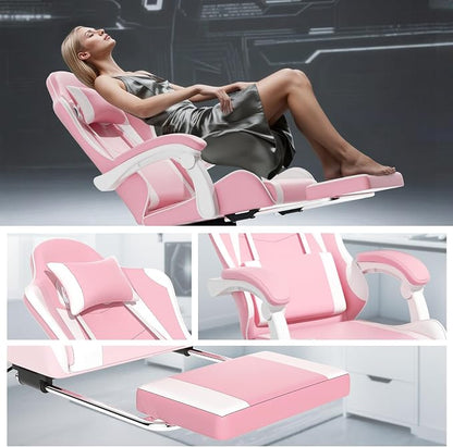 Athena Collection Gaming Chair, Ergonomic Gaming Chair with Footrest & Headrest Lumbar Support, Height Adjustable Swivel Computer Chair Office Chair for Adults (Pink)