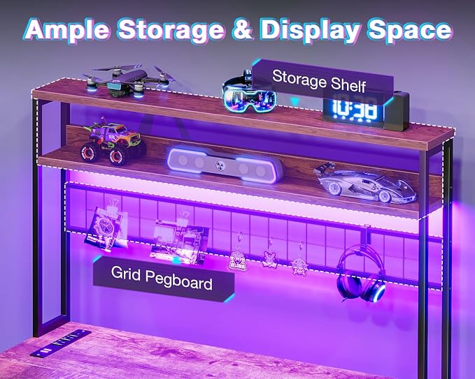 AODK L Shaped Desk Gaming Desk with LED Light & Power Outlet, 59 Inch Reversible L Shaped Computer Table with 4 Drawers for Home Office, Vintage