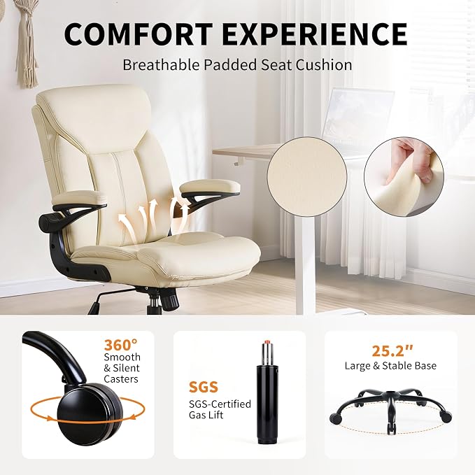 Home Office Ergonomic Desk Chair - Comfy Leather Executive Chair with Flip-Up Armrests, Height Adjustable Computer Chair for Gaming, 360° Swivel & Rocking (Beige)