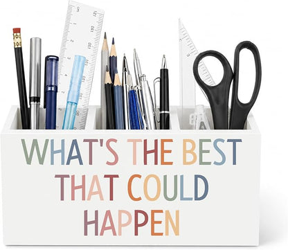 Motivational Boho Pen Holder for Desk, What's the Best That Could Happen Positive Affirmation Wooden Box Sign Desk Decor for Home Office Decoration, Inspirational Pencil Organizer