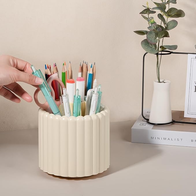 Anyoifax 360° Rotating Pen Holder 7 Slots Desk Organizer Removable Pencil Cup Plastic Art Supplies and Accessories Desktop Storage Box Caddy for Office, School, Home (Beige)