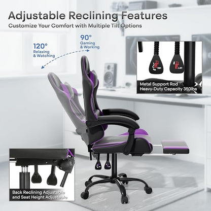 Athena Collection Gaming Chair, Ergonomic Gaming Chair with Footrest & Headrest Lumbar Support, Height Adjustable Swivel Computer Chair Office Chair for Adults(Purple)