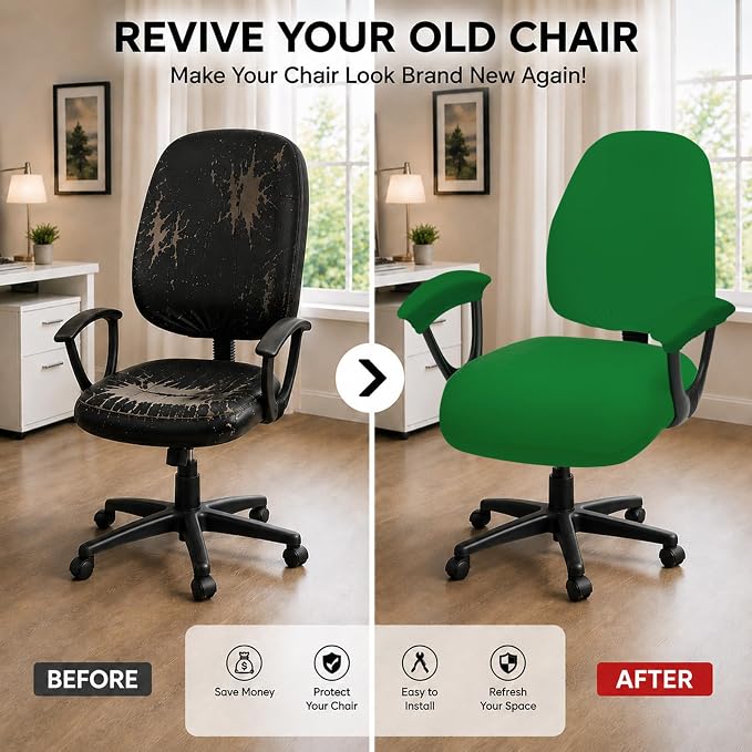 Stretchable Desk Office Chair Seat Covers with Armrest Covers - Universal Stretch Computer Chair Slipcover - Washable Rotating Backrest Coverings & Cushion Protectors for Dogs, Cats, Pets, Green