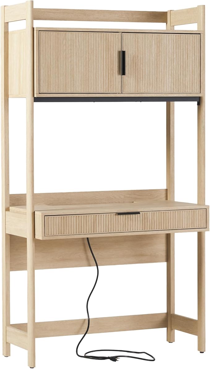Walker Edison Modern Transitional Interior Design Reeded Desk with Hutch and Drawers, Built-in Tech, Desk with Cord Management, Storage for Small Living Spaces, 38”W x 19”D x 70”H, Coastal Oak