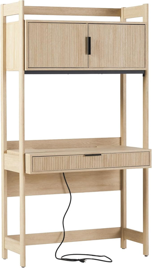 Walker Edison Modern Transitional Interior Design Reeded Desk with Hutch and Drawers, Built-in Tech, Desk with Cord Management, Storage for Small Living Spaces, 38”W x 19”D x 70”H, Coastal Oak
