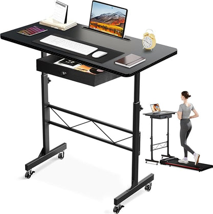GTPLAYER Small Standing Desk Adjustable Height Small Computer Desk Mobile Portable Rolling Laptop Table with Wheels 32" Computer Workstation Sit Stand Desks Portable Standing Table Treadmill desks