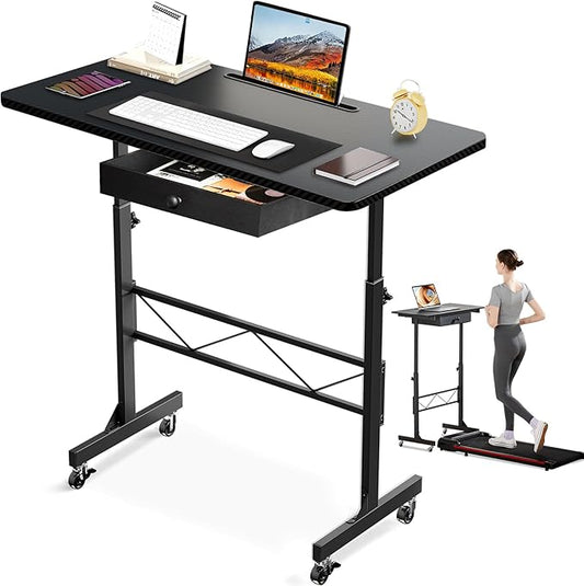 GTPLAYER Small Standing Desk Adjustable Height Small Computer Desk Mobile Portable Rolling Laptop Table with Wheels 32" Computer Workstation Sit Stand Desks Portable Standing Table Treadmill desks