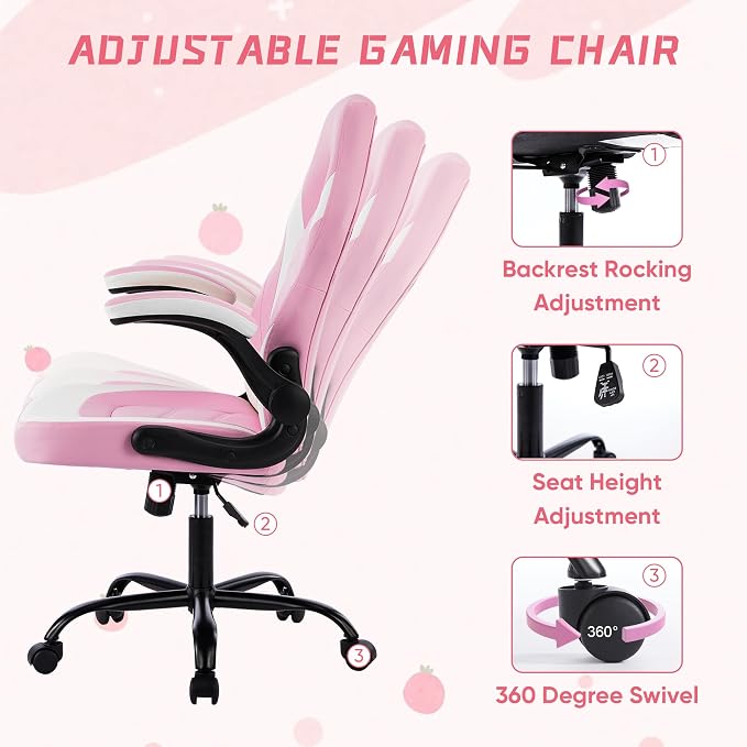 NEWBULIG Gaming Office Computer Chair – Ergonomic Mid-Back with Flip-Up Armrests, Adjustable Height, Lumbar Support & 360° Silent Swivel Wheels, PU Leather for Home/Office, Pink