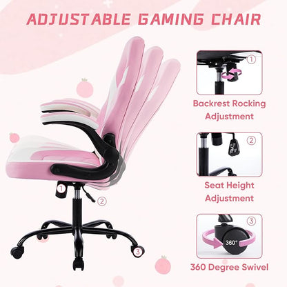 NEWBULIG Gaming Office Computer Chair – Ergonomic Mid-Back with Flip-Up Armrests, Adjustable Height, Lumbar Support & 360° Silent Swivel Wheels, PU Leather for Home/Office, Pink