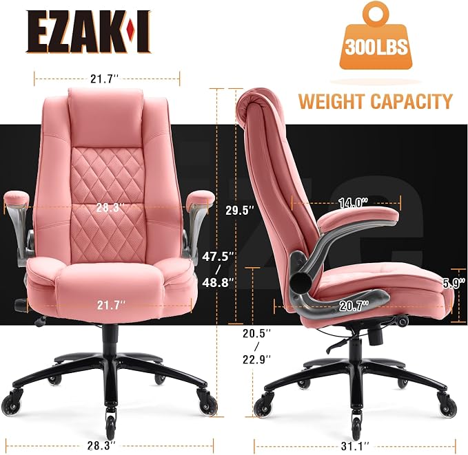 High Back Office Chair- Flip Arms Adjustable Built-in Lumbar Support, Executive Computer Desk Chair Work Chairs, Thick Padded Strong Metal Base Quiet Wheels, Ergonomic Design for Back Pain