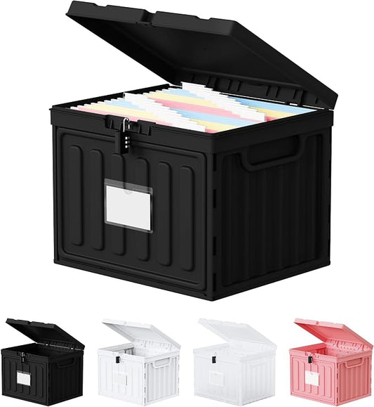 Small File Cabinet, Plastic File Box with Lid for Letter Size Hanging File Folders, Easy Carry Filling Box for Home, Office, School, Vertical File Cabinets, Stackable Storage Bins(Black, 1 Pack)