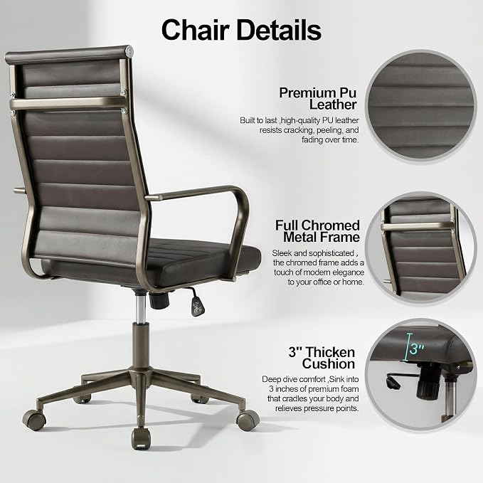 Okeysen Leather Office Desk Chair, Ergonomic Mid Century Modern Conference Room Chairs, Executive Ribbed Height Adjustable Swivel Rolling Chair for Home Office.
