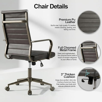 Okeysen Leather Office Desk Chair, Ergonomic Mid Century Modern Conference Room Chairs, Executive Ribbed Height Adjustable Swivel Rolling Chair for Home Office.