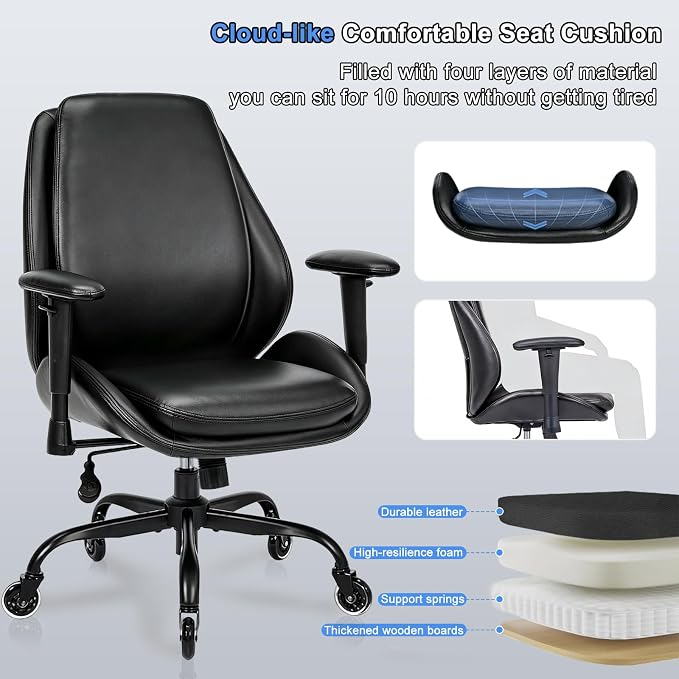 BEWISHOME Office Chair with Rubber Wheels, Big and Tall Office Chair, Ergonomic Office Chairs, Executive Desk Chair, Black PU Leather Computer Comfy Chairs with Lumbar Support, Adjustable Armrests