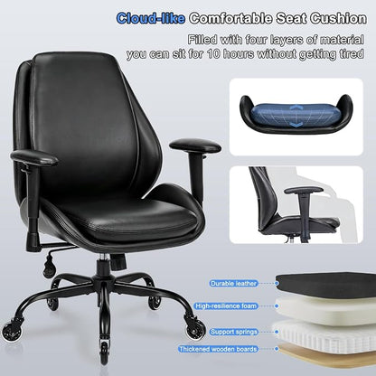 BEWISHOME Office Chair with Rubber Wheels, Big and Tall Office Chair, Ergonomic Office Chairs, Executive Desk Chair, Black PU Leather Computer Comfy Chairs with Lumbar Support, Adjustable Armrests