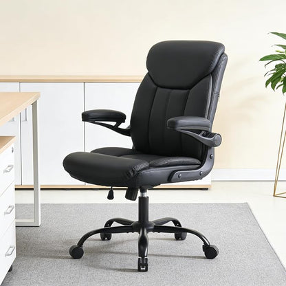 Home Office Ergonomic Desk Chair - Comfy Leather Executive Chair with Flip-Up Armrests, Height Adjustable Computer Chair for Gaming, 360° Swivel & Rocking(Black)