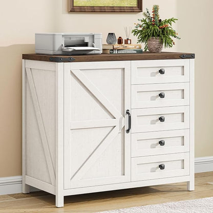 Halitaa 5 Drawer Storage Cabinet, Office Storage Cabinet with Door and Adjustable Shelf, Large Farmhouse Printer Stand for Home Office, Rustic White