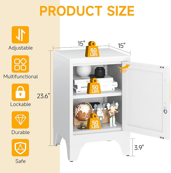 23.6" H White Metal Locker Nightstand with 1 Lockable Door and 1 Adjustable Shelf, Small Storage Cabinet with Detachable Legs and Vintage Handle for Home Office,Living Room or Bedroom,Easy Assembly