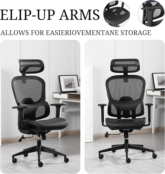 Ergonomic Mesh Office Chair with Lumbar Support - Adjustable Seat Height, Flip-Up Arms Breathable Mesh Desk Chair for Home Office, Work & Gaming (Black)